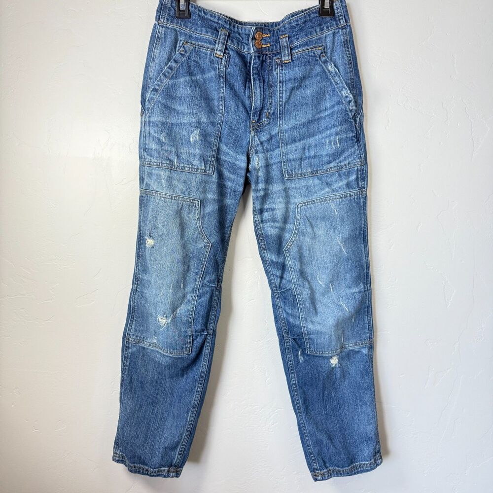 Pilcro Anthropologie Wanderer Double Button High Rise Jeans 27 Barrel Distress